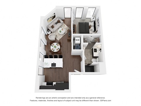 Floor plan for 1 bed, 1 bath, 689 sqft